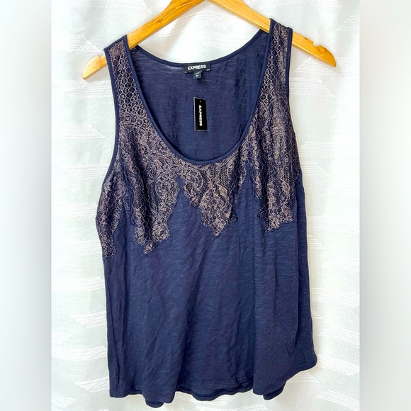 Express Tops Nwt Express Navy Blue Sheer Embroidered Lace Tank Top